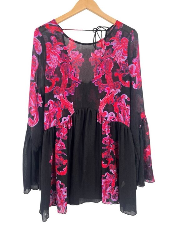 Free People Dresses & Skirts - FREE PEOPLE INTIMATELY Women's Black Sheer Hot Pink Floral Tie Back Dress M NWT
